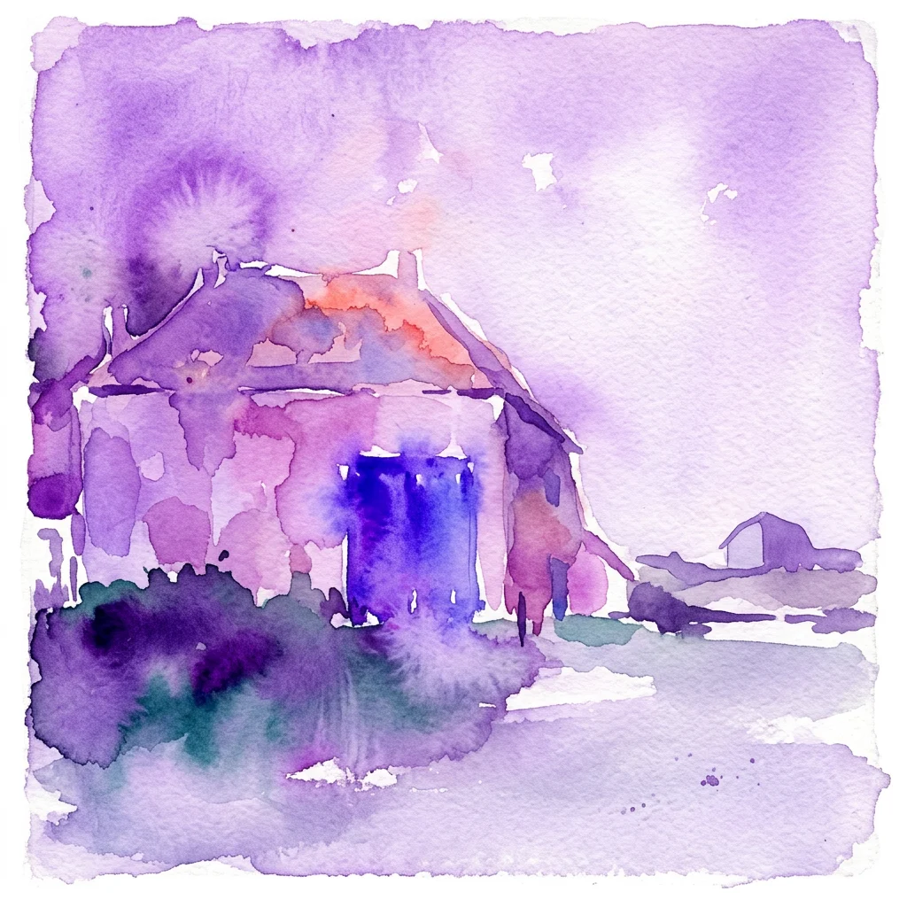 A watercolor painting of a Dutch landscape, possibly Ameland, in vibrant purple and pink hues with expressive brushstrokes, by artist Germ de Jong.