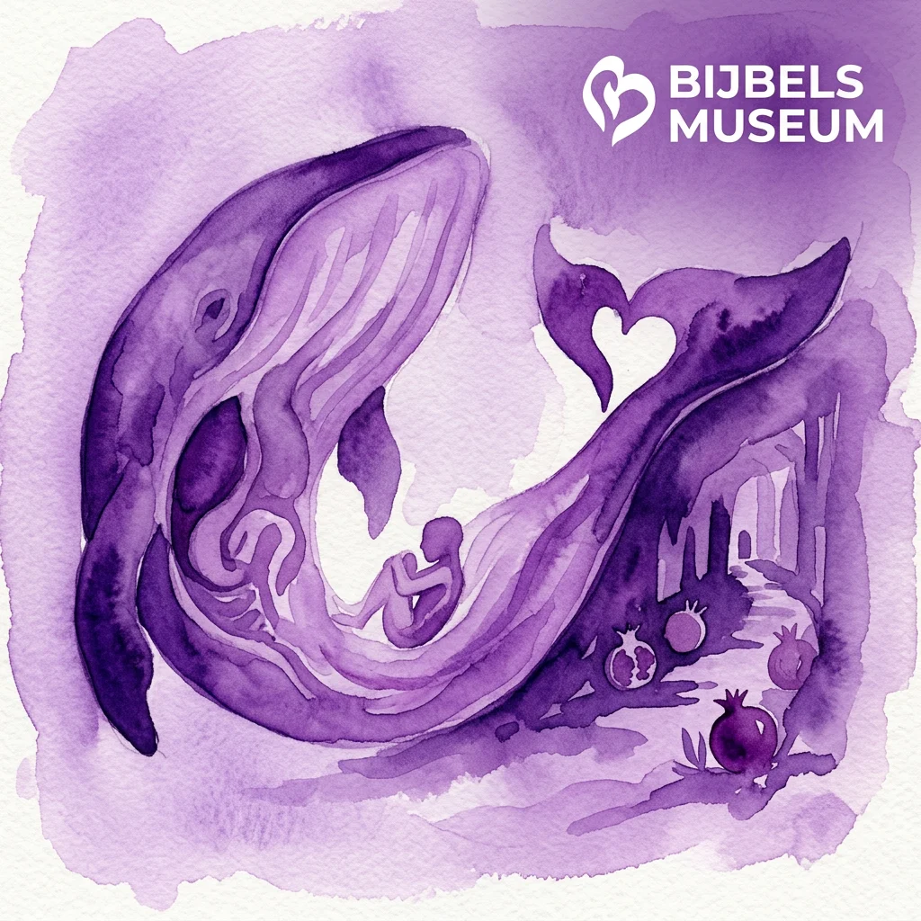 Una ilustración en acuarela púrpura que representa a Jonás dentro de una ballena, con granadas y una cola en forma de corazón, simbolizando los temas del evento Jona en Persephone en el Museo Bíblico.