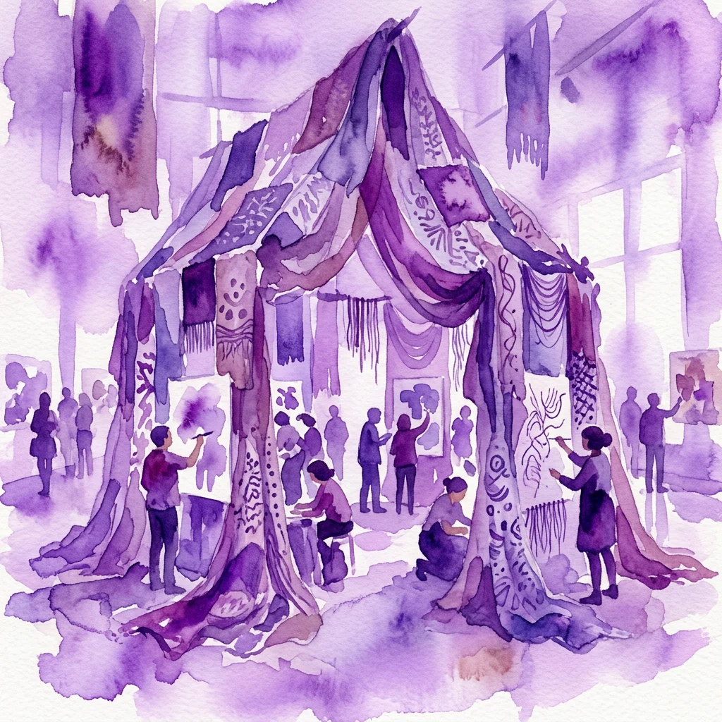 Una ilustración en acuarela de una instalación de arte colaborativa llamada La Chapelle, que presenta una capilla hecha de textiles con personas pintando, estampando y bordando en sus paredes en un entorno de galería.