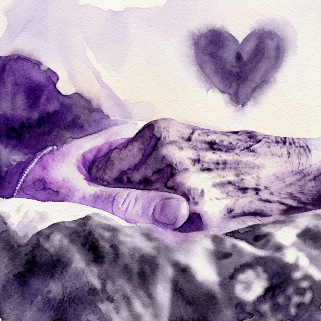 Una obra de arte en acuarela en morado y blanco que representa dos manos entrelazadas, con una forma de corazón al fondo, simbolizando amor y conexión.