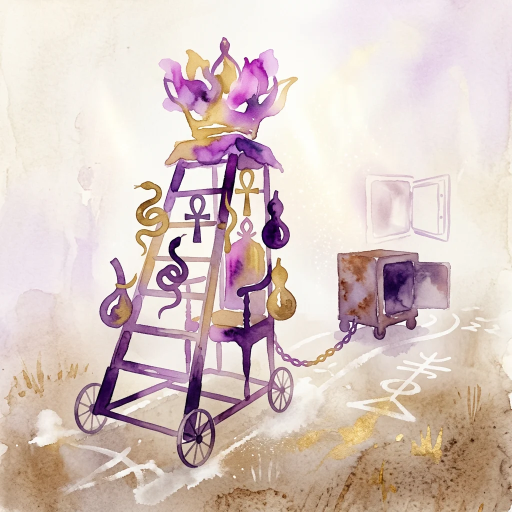A symbolic purple and gold watercolor artwork of a wheeled carriage adorned with Winti religious symbols, representing Mama Aisa, the mother goddess of Afro-Surinamese spirituality.
