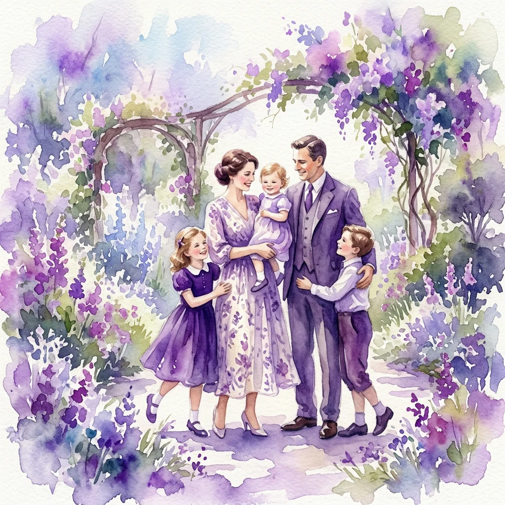 A watercolor illustration of a family of five in early 20th-century attire, standing under a purple-flowered arbor in a garden, evoking a serene and intimate atmosphere.