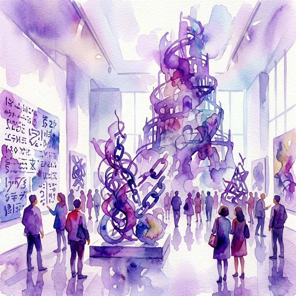 A watercolor illustration of a contemporary art exhibition featuring abstract sculptures and installations in a gallery space, with visitors observing the artwork.