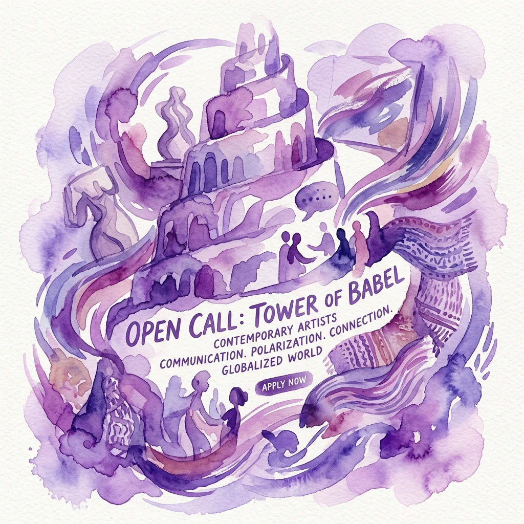 Watercolor illustration for the Open Call: Tower of Babel, featuring a spiraling tower, diverse figures, and text highlighting themes of communication, polarization, and connection in a globalized world.
