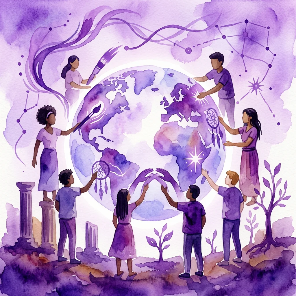 Grupo diverso de jóvenes colaborando alrededor de un globo terráqueo de acuarela morada, incorporando elementos de arte, sueños y creación de comunidades, simbolizando una visión colectiva para el futuro.