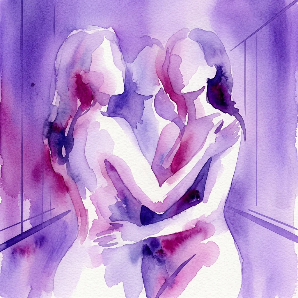 Watercolor artwork of two figures embracing in purple and magenta hues, representing themes of queer female sensuality and intimacy from the Reclaiming Sexy exhibition.