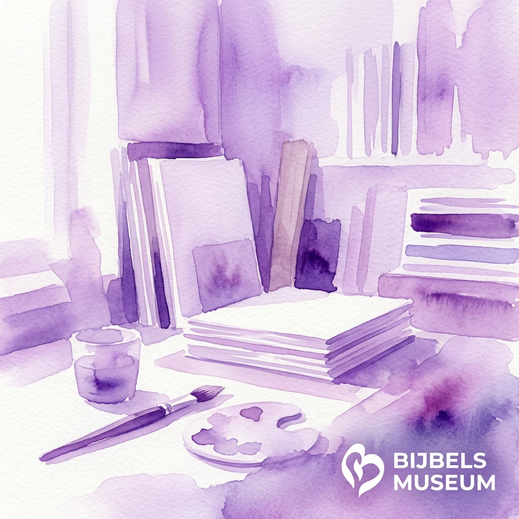 Una ilustración púrpura en acuarela de un estudio de artista con papeles apilados, un pincel y una paleta, que representa la residencia de Wianda Keizer en el Museo Bíblico.