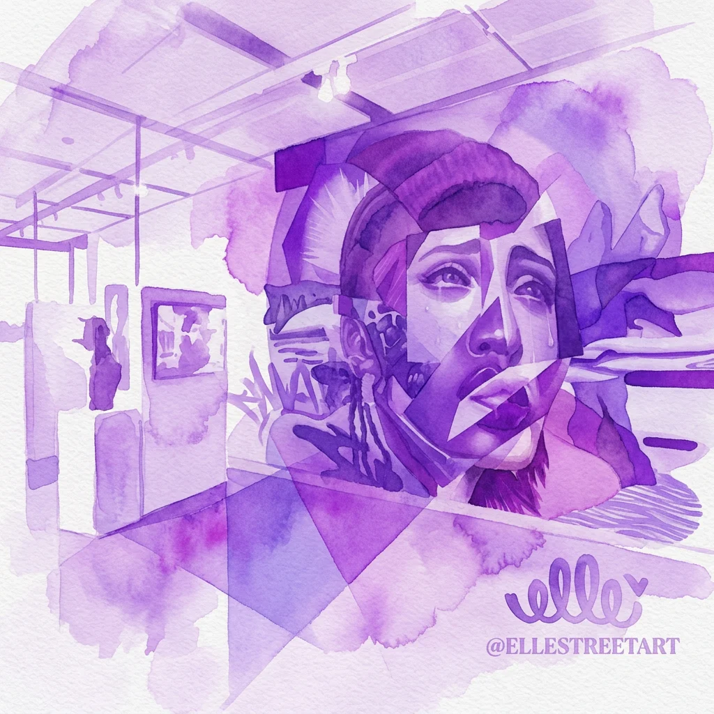 Een paarse aquarelillustratie van een stedelijke kunstexpositie, met een gefragmenteerd portret van een persoon met tranen, geplaatst in een galerie met kunstwerken aan de muren.