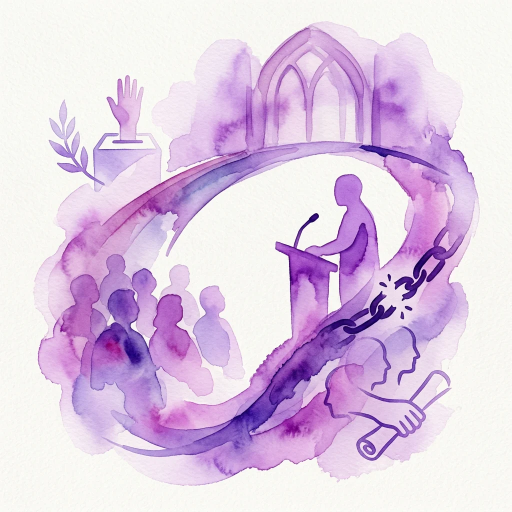 Una ilustración en acuarela púrpura de un orador en un podio dirigiéndose a una audiencia, con imaginería simbólica que incluye una cadena rota, una mano levantada y una rama de laurel, representando temas de libertad, democracia y reflexión histórica.