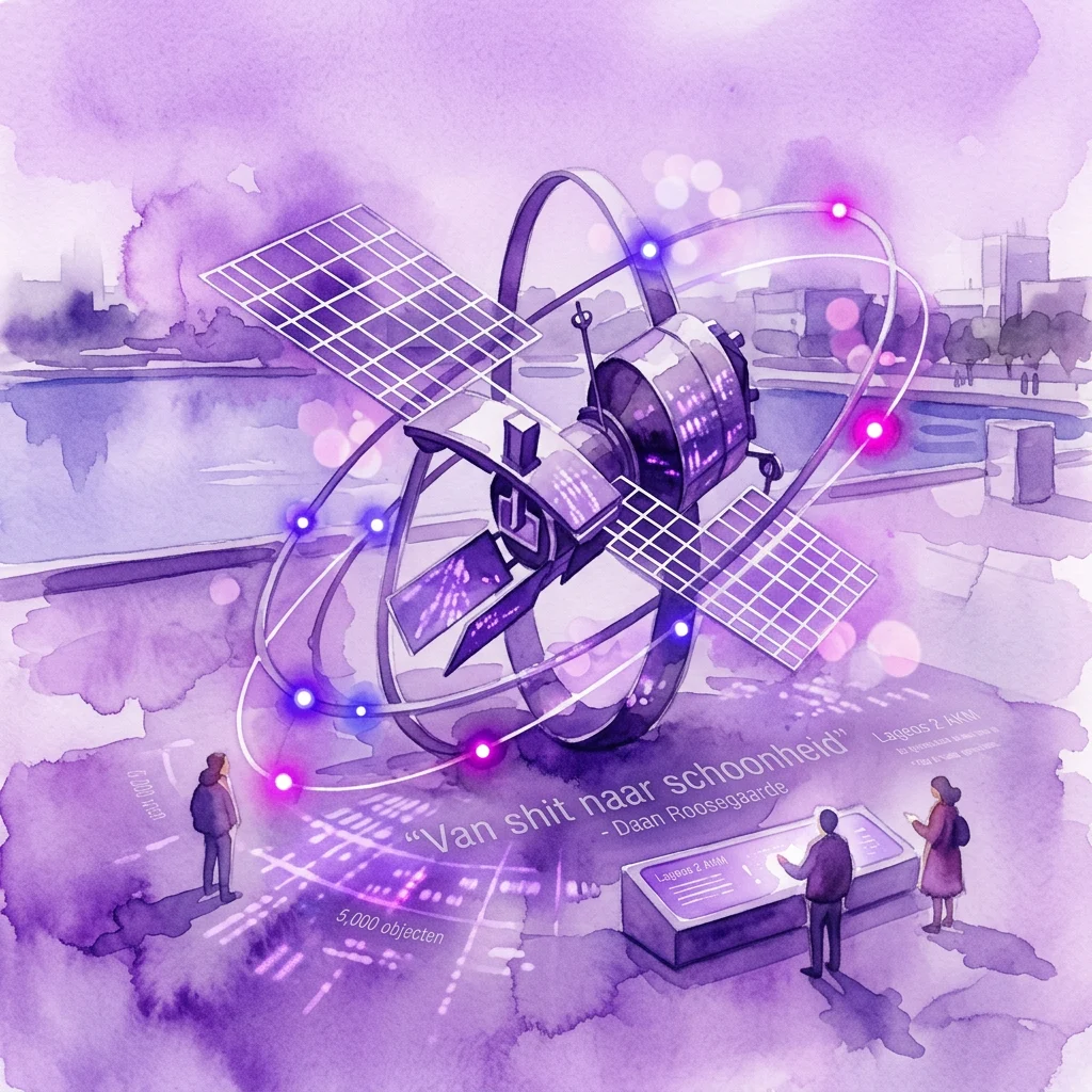 An interactive art installation by Daan Roosegaarde titled 'Van shit naar schoonheid' (From Shit to Beauty), featuring a large satellite sculpture with glowing LED lights and real-time data projections, set in an outdoor plaza with visitors observing.
