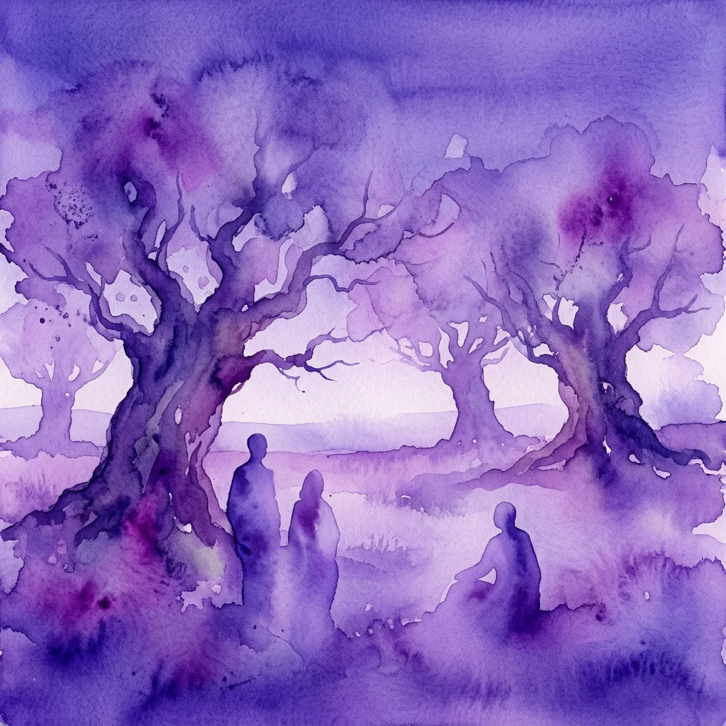 Een paars aquarel dat silhouetten van mensen onder oude bomen afbeeldt, contemplatie oproepend en de kruising van tijd en eeuwigheid.