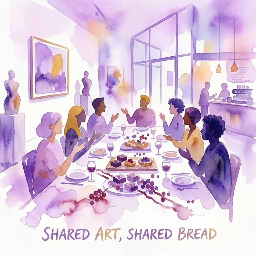 A watercolor illustration of diverse people sharing a meal and conversation around a table in an art gallery setting, with sculptures and artwork visible in the background.