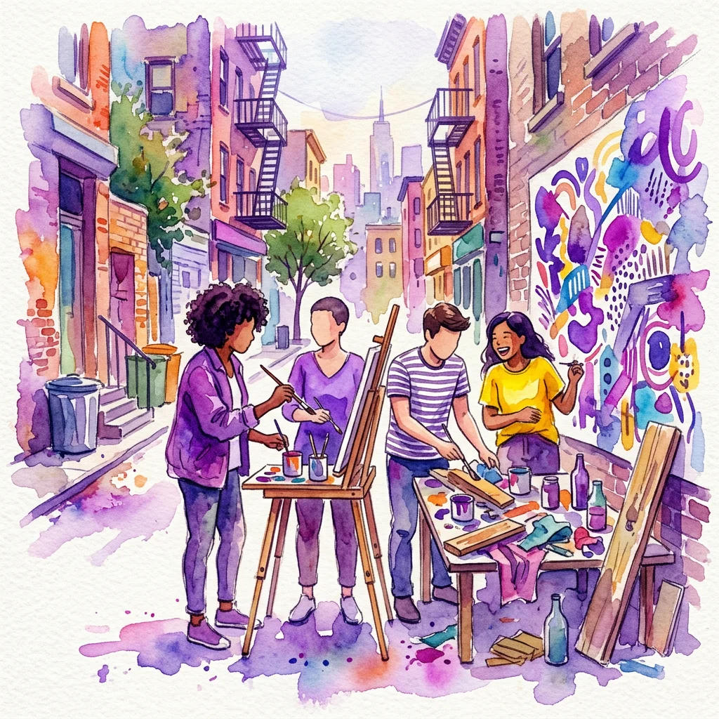 A watercolor illustration of diverse young people creating art together in an urban street setting, using easels and found objects, reflecting the participatory art project 'We OK!' at Stedelijk Museum Breda.
