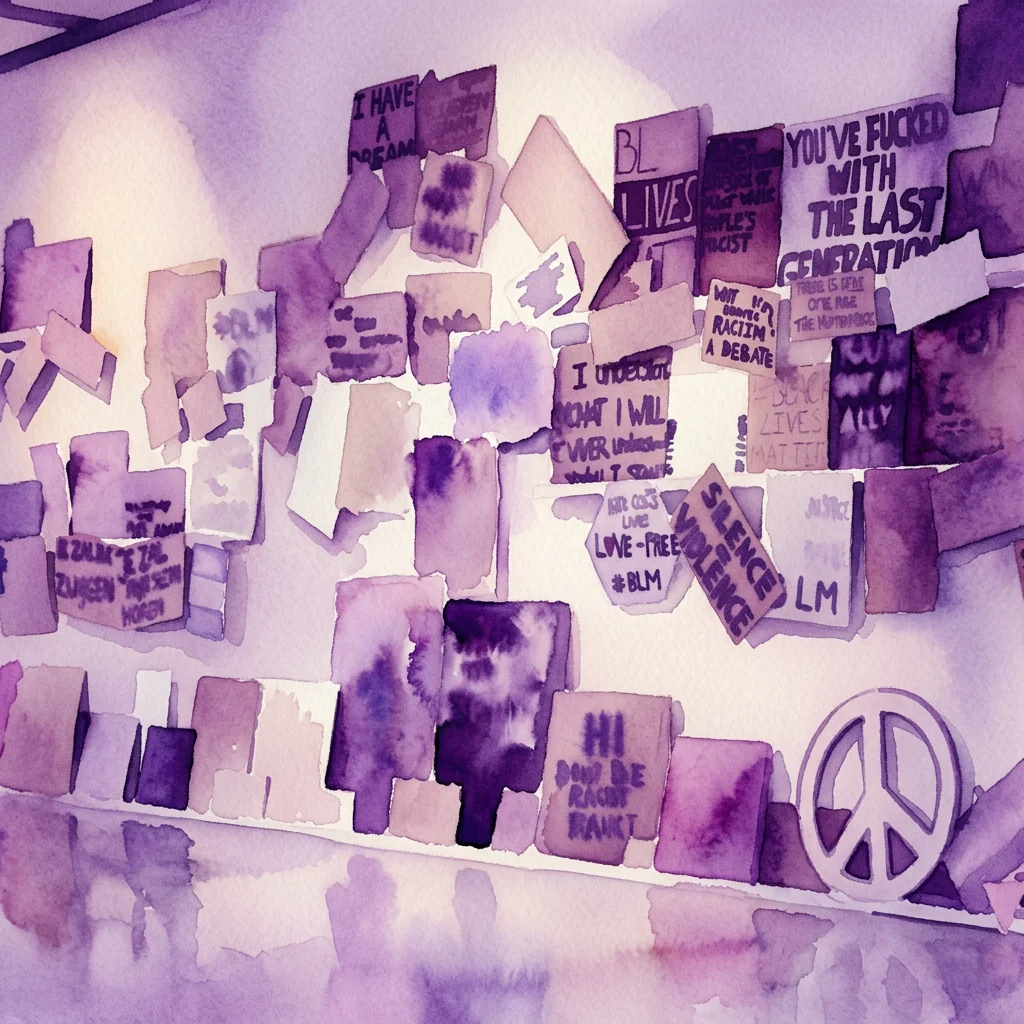 Una acuarela de carteles de protesta de la exposición 'Why the Caged Birds Sing', con mensajes contra el racismo y la injusticia social, expuesta en una galería con iluminación púrpura.