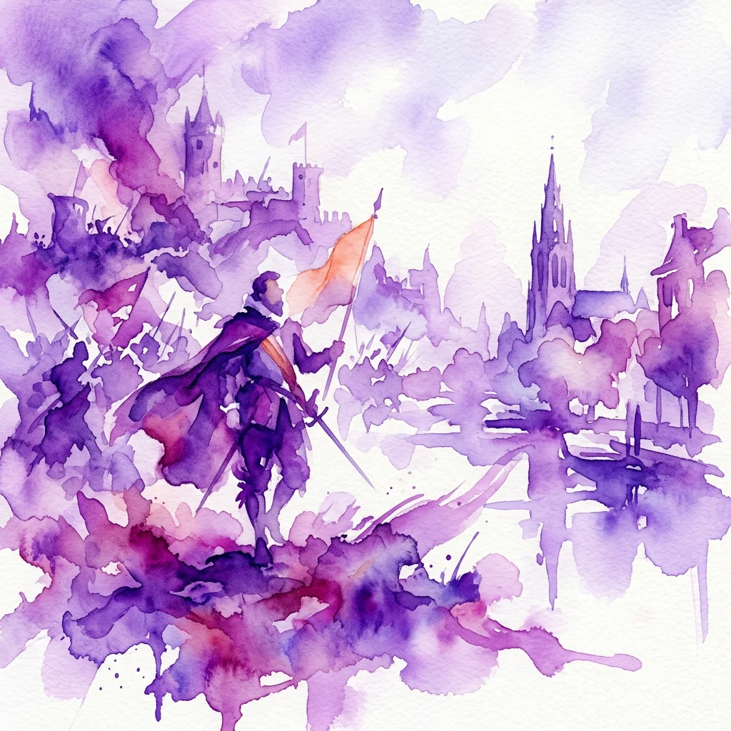 Una acuarela que representa a Guillermo de Orange liderando una batalla, con un castillo y el horizonte de la ciudad al fondo, simbolizando la Rebelión Holandesa y la lucha por la libertad.
