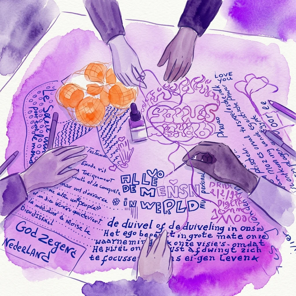 Een collaboratief kunstproject genaamd 'Dialoogtekenen' door Marcha van den Hurk en makers van de Pauluskerk, met meerdere handen die werken aan een groot textielkunstwerk met symbolische beelden en tekst over migratie en veerkracht.