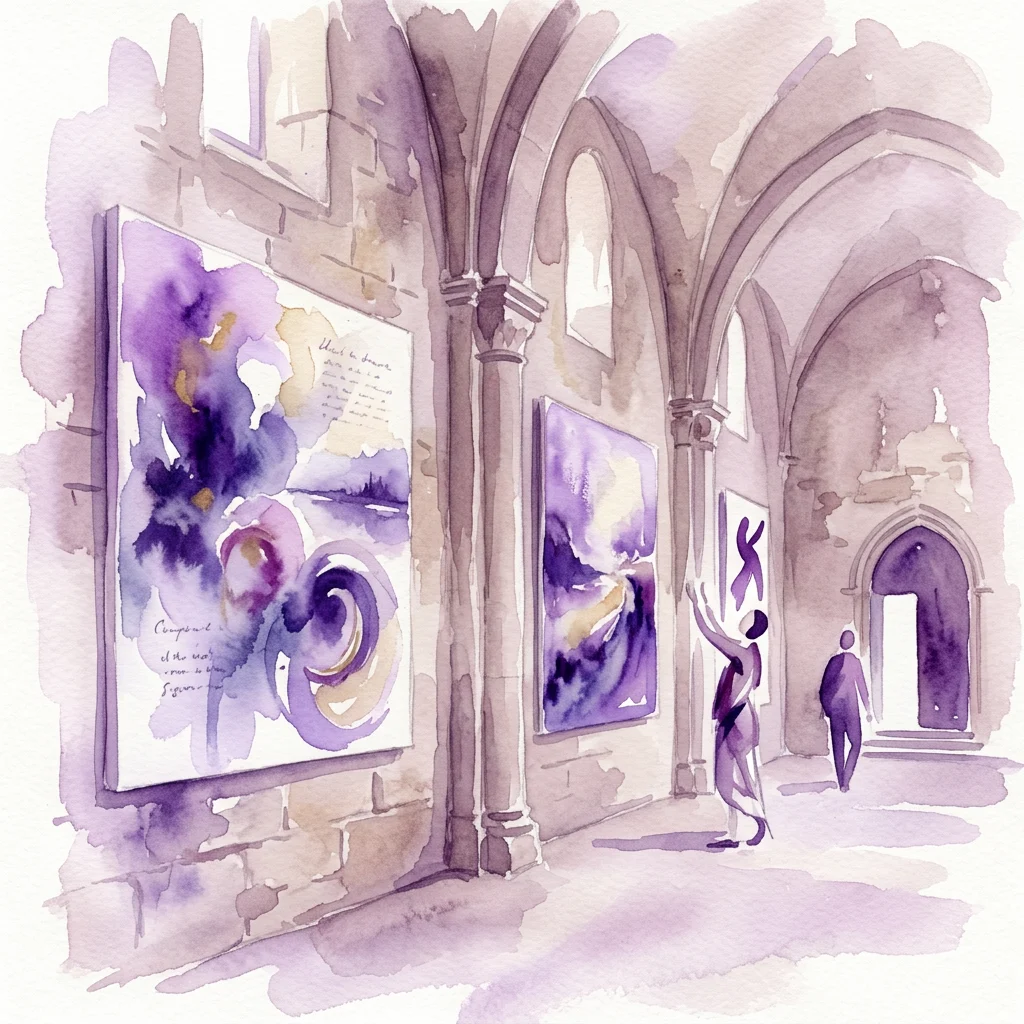 Waterverfillustratie van een kunstexpositie in een historisch gebouw met boogplafonds, met abstracte paarse en gouden kunstwerken tentoongesteld, en bezoekers die de stukken bekijken.