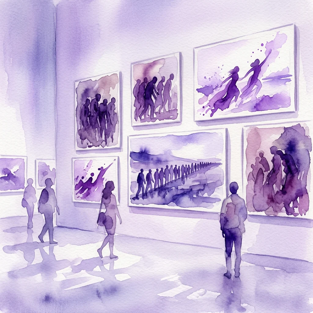Ilustración en acuarela de una galería con visitantes admirando obras de arte que representan temas de éxodo, migración y liberación en tonos morados y blancos.