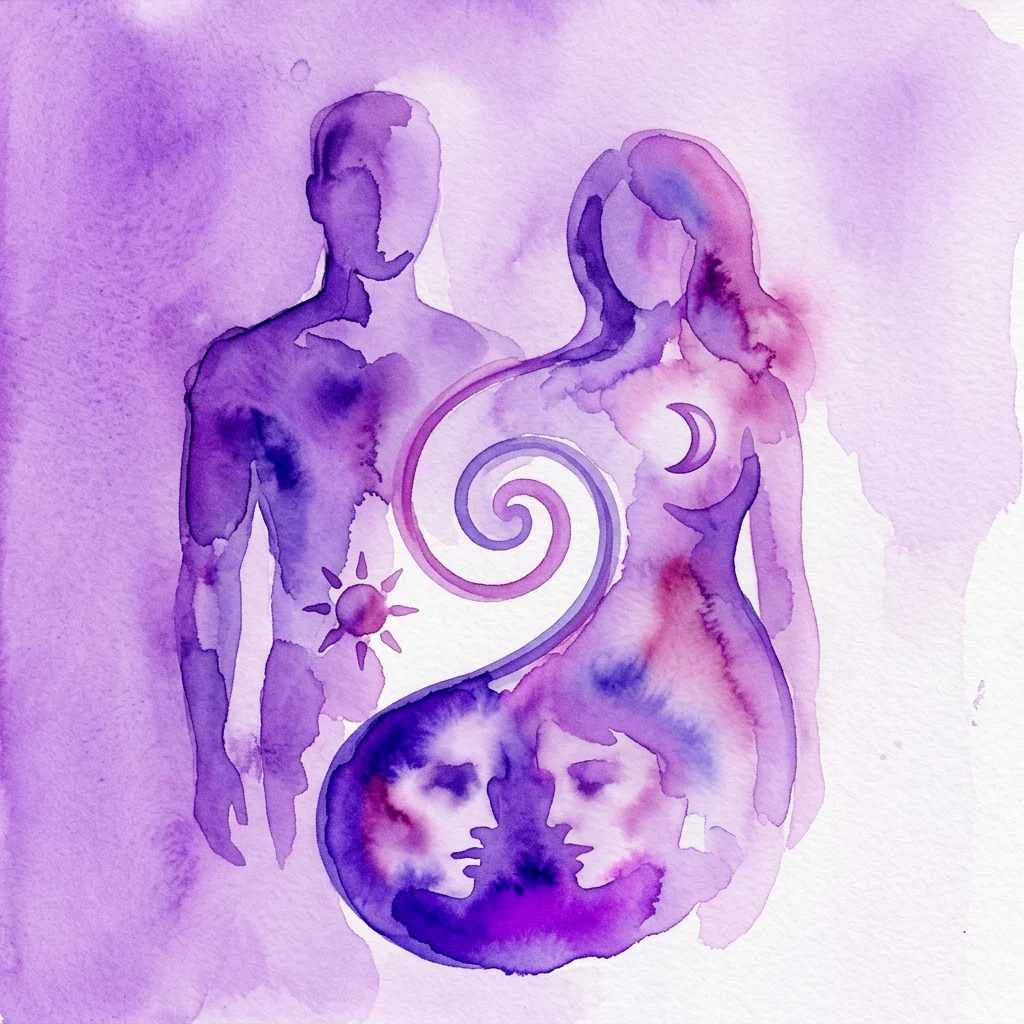 Una ilustración en acuarela en tonos púrpuras que representa figuras masculinas y femeninas abstractas entrelazadas, con un símbolo de espiral, un sol y una luna creciente, representando el aspecto femenino dentro de la psique masculina.