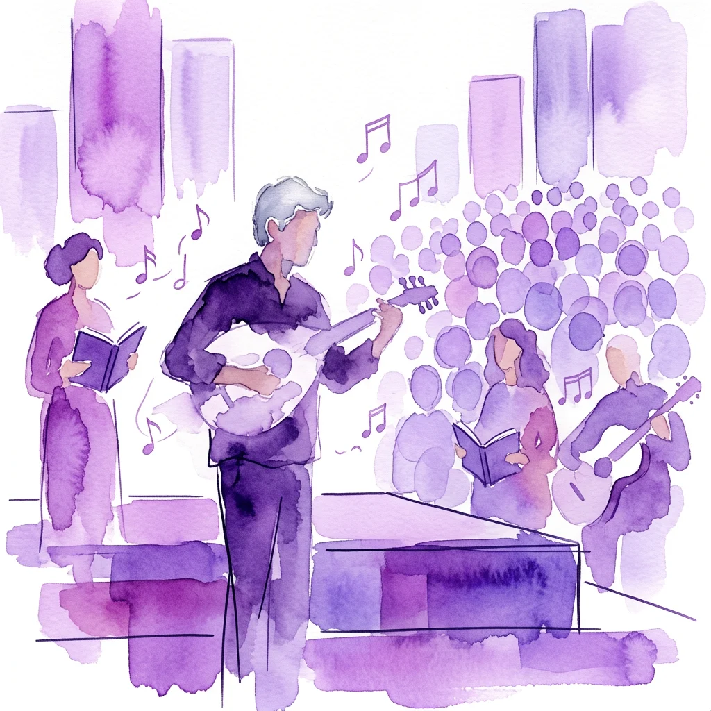 Una ilustración en acuarela de un evento literario en CIRCL Ámsterdam, con poetas leyendo de libros y músicos tocando instrumentos en el escenario, con público al fondo.