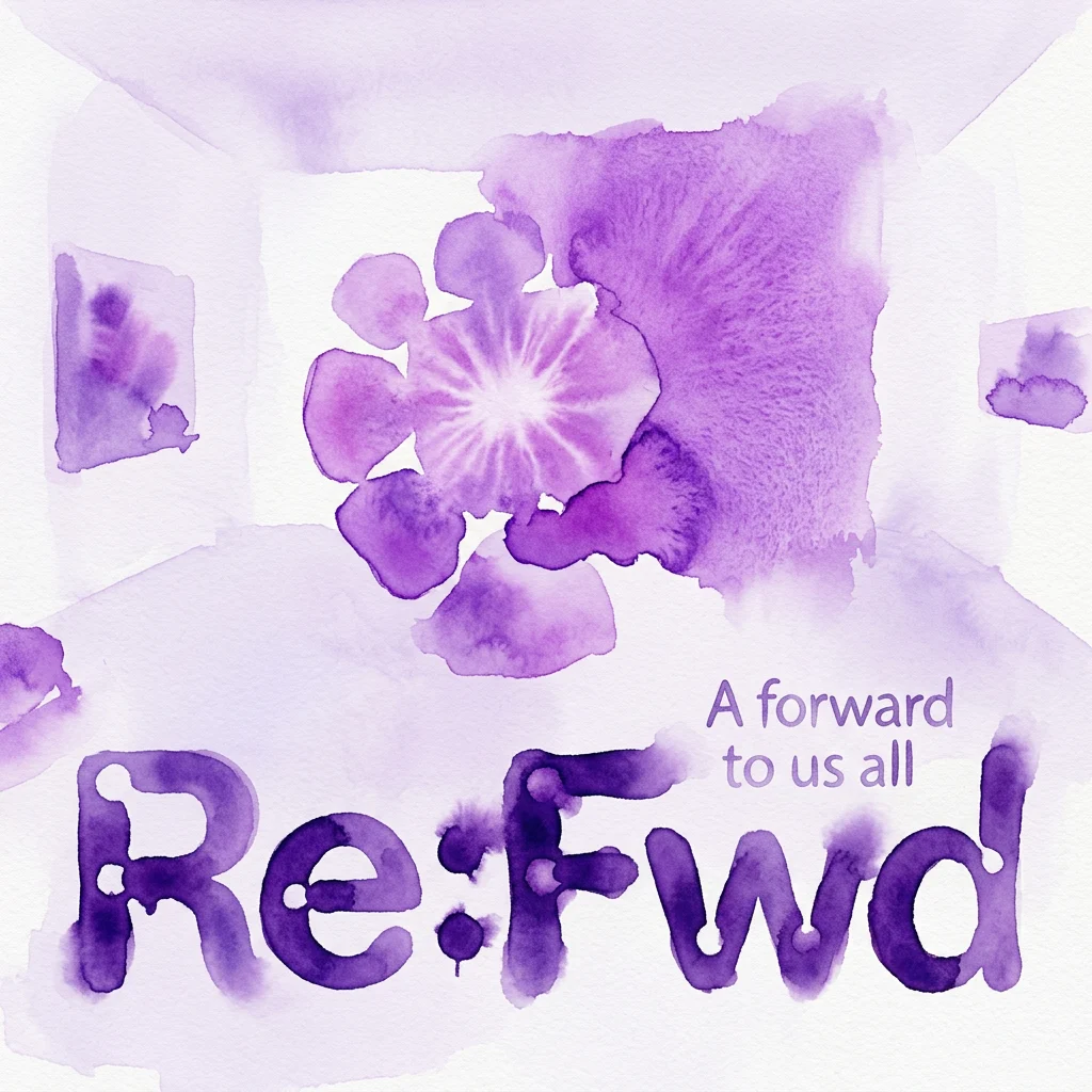 Purple watercolor artwork featuring the text 'Re:Fwd' and 'A forward to us all' on a white background, representing the exhibition title.