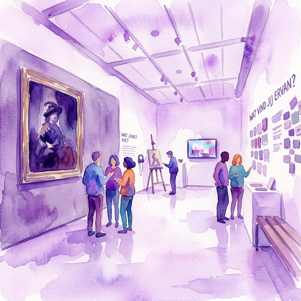 Een aquarelillustratie van een museumgalerie met Rembrandts schilderij 'De Vaandeldrager' op de tentoonstelling, terwijl bezoekers het kunstwerk observeren en bespreken in een moderne tentoonstellingsruimte.