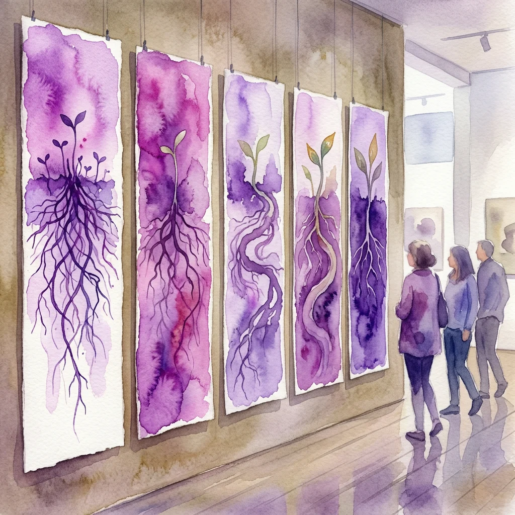 Cinco grandes paneles verticales de Esther Hoogendijk con sistemas de raíces de acuarela púrpura y plantas germinadas, expuestos en una galería de arte con visitantes observando.