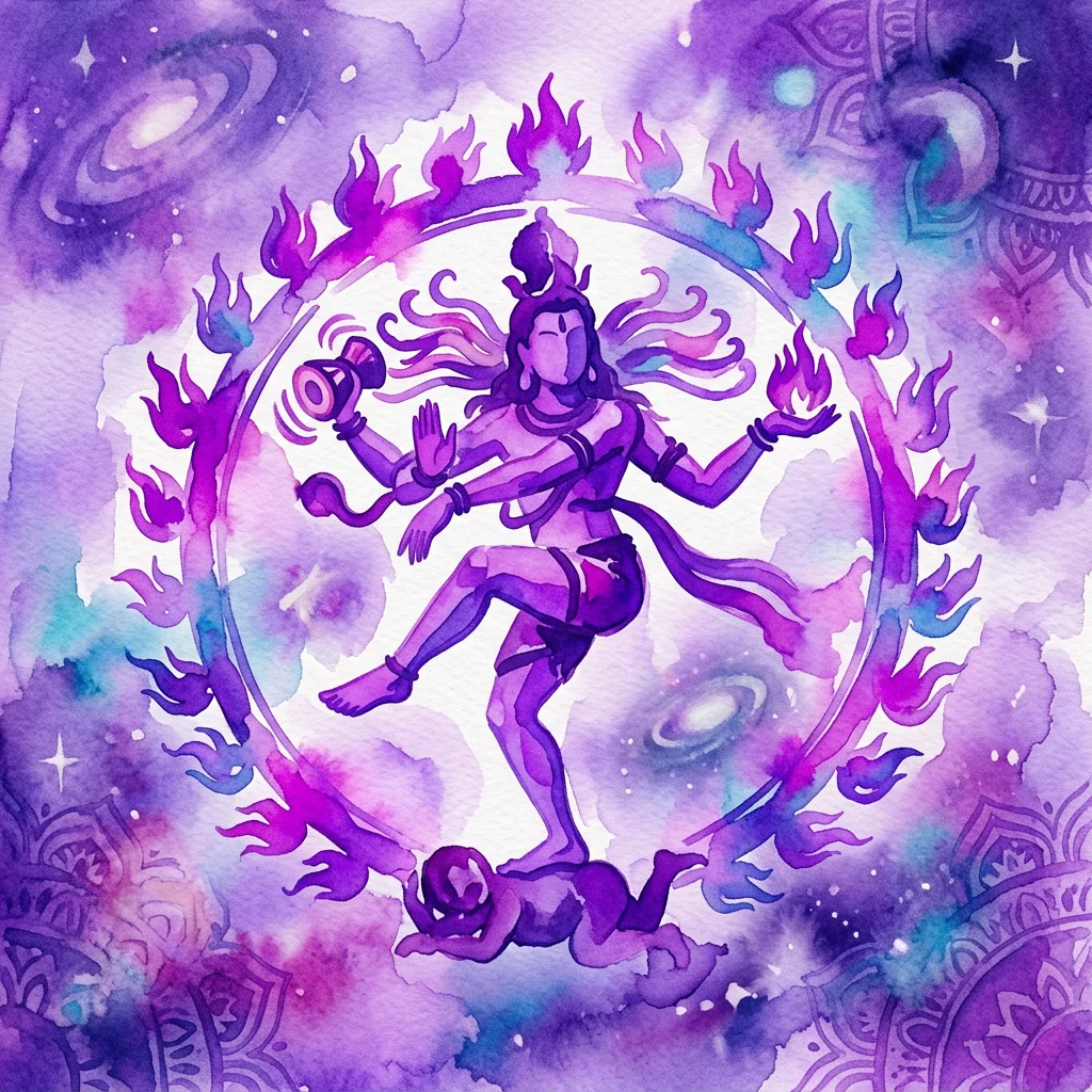 Een aquarel van Shiva Nataraja, de kosmische danser, omringd door een vuurring en kosmische beelden, die creatie en vernietiging symboliseert.