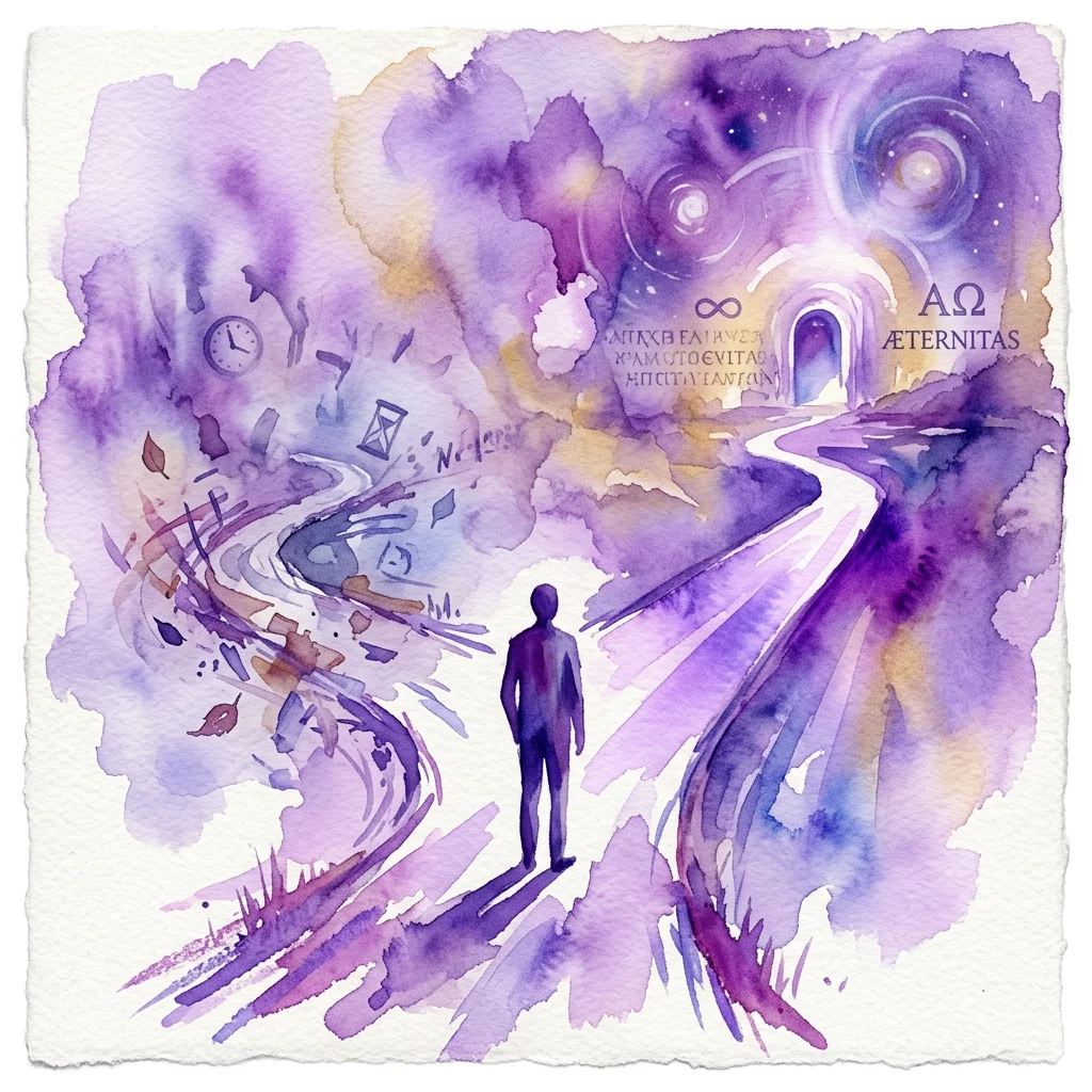 Una ilustración en acuarela de una silueta humana parada en una encrucijada, con un camino que conduce a un reloj y un reloj de arena que representan el tiempo, y el otro a un túnel etiquetado como 'AETERNITAS' que simboliza la eternidad, reflejando el tema del Symposion De mens als kruispunt.