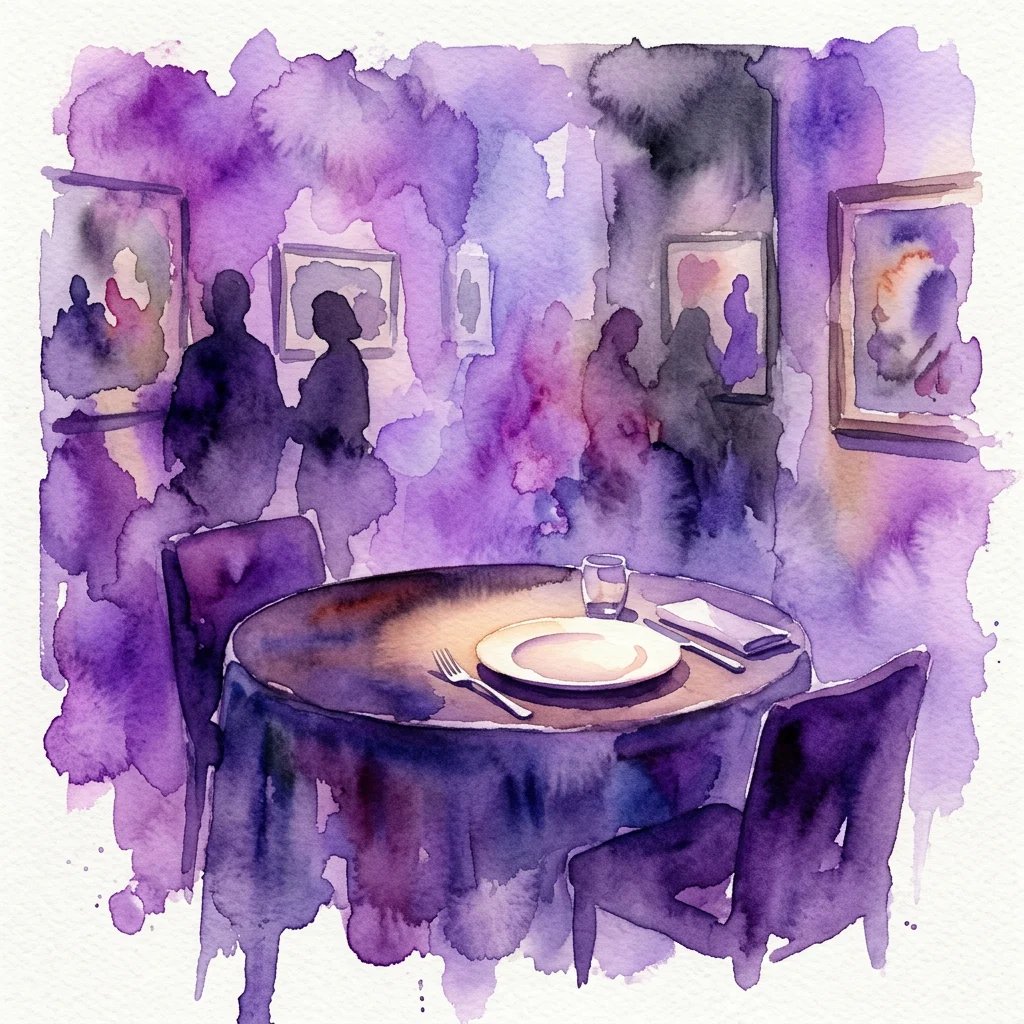A watercolor illustration of a dimly lit dining table with place settings, set in an art gallery with framed artwork on the walls and silhouettes of guests in the background.