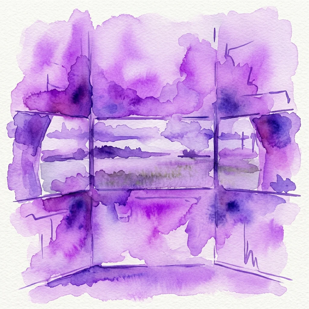 Una pintura de acuarela morada que representa un paisaje fragmentado visto a través del marco de una ventana, evocando un estado de ánimo contemplativo.