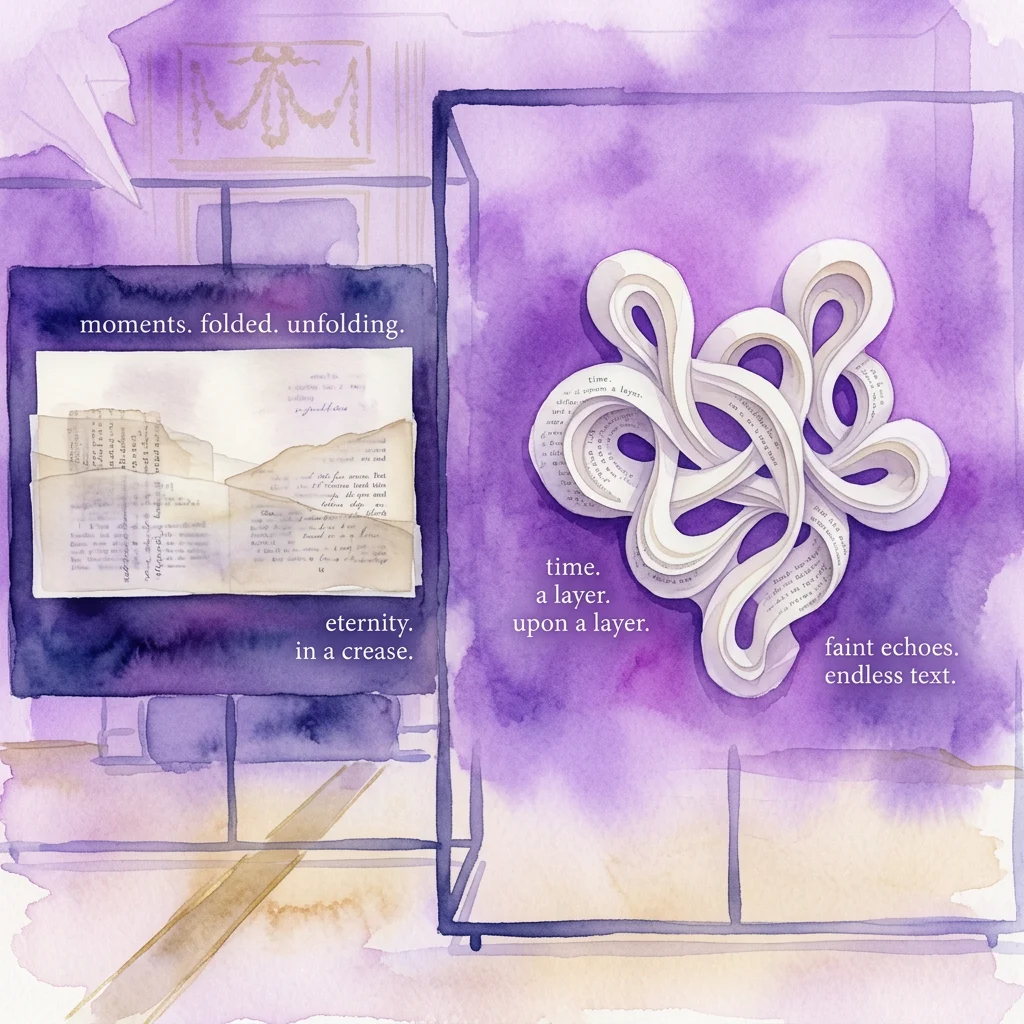 Een aquarelillustratie van een kunstexpositie met gelaagde papieren sculpturen gemaakt van Bijbeltekst, tentoongesteld met hedendaagse poëzie op paarse achtergronden, die thema's als tijd en eeuwigheid verkennen.