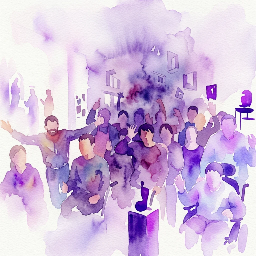 Watercolor illustration of a diverse crowd in purple hues, symbolizing a journey from paradise through challenges to enlightenment, reflecting the themes of the exhibition 'Uit het Paradijs. Kunst, mythologie, psychologie'.