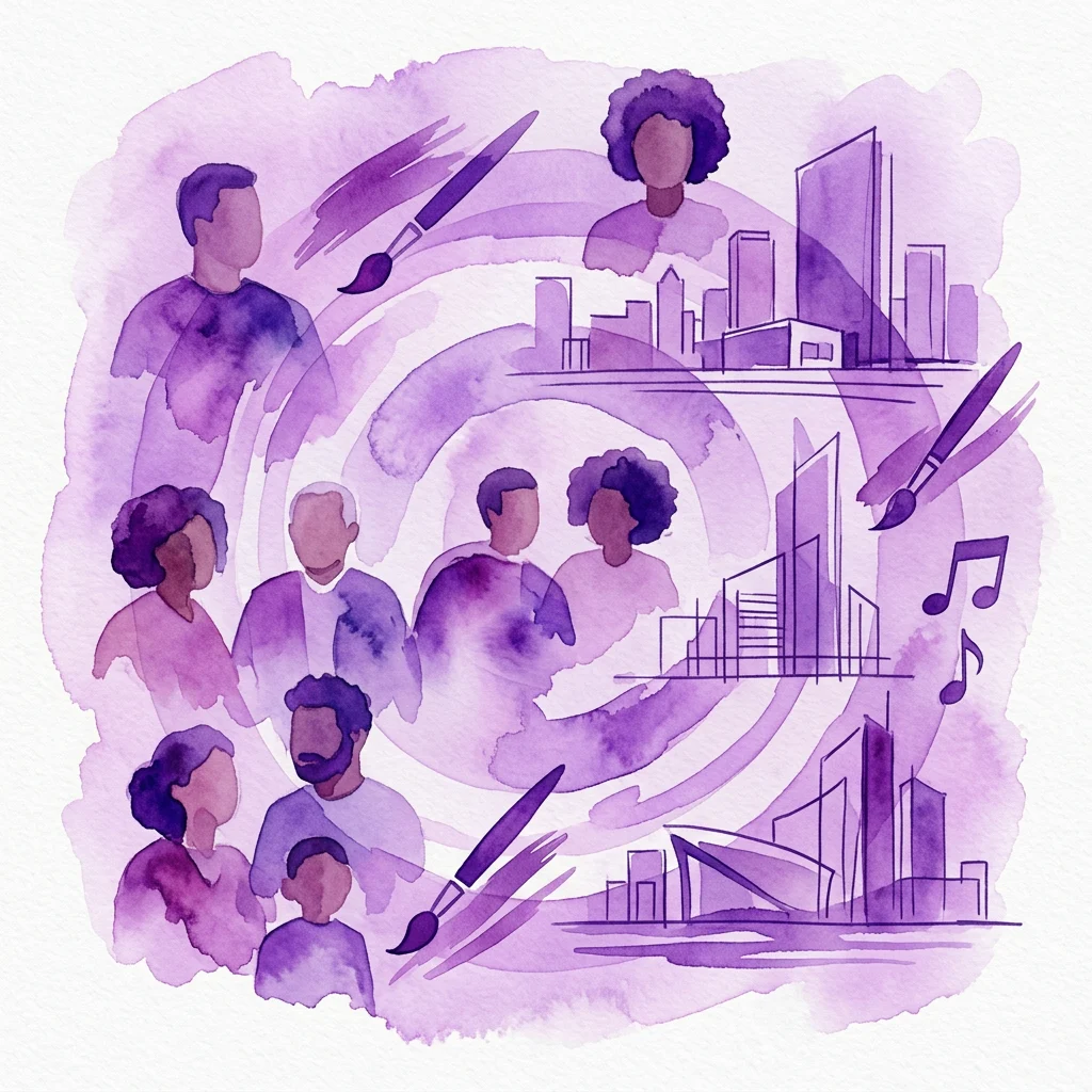 Ilustración en acuarela en tonos púrpuras que representa diversas personas, pinceles, notas musicales y edificios urbanos modernos, simbolizando la comunidad, el arte y el desarrollo urbano en Almere.