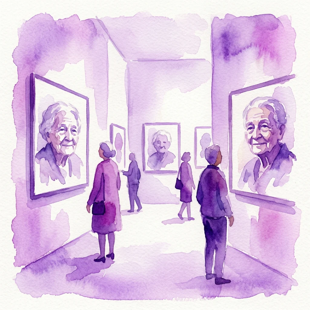 Watercolor illustration of visitors viewing portraits of elderly individuals in a gallery, part of the WIJS! exhibition at the Bijbels Museum.