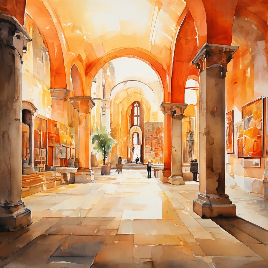 Una imagen conceptual de una exposición de arte en un monasterio, presentando diversas obras que exploran temas de viaje y patrimonio cultural, representando la exposición EXODUS presentada por el Museo Bíblico.