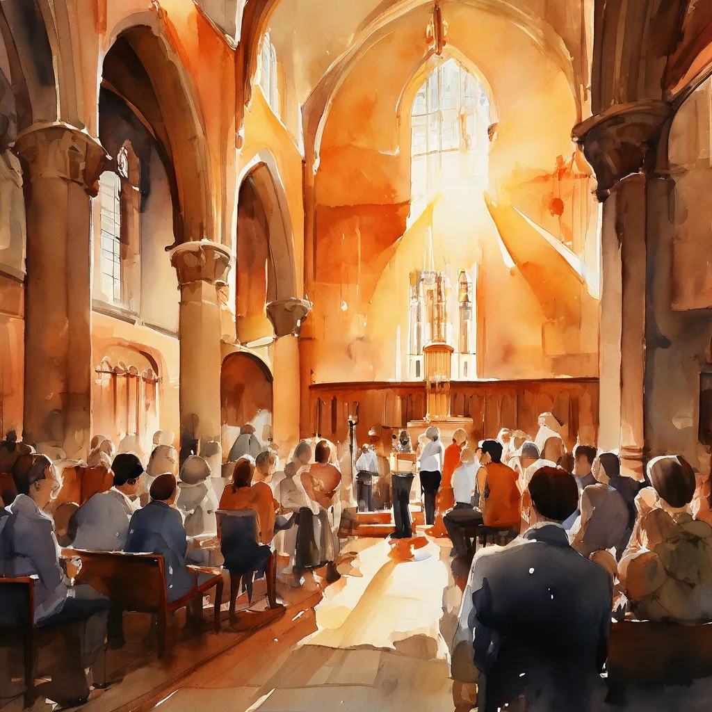 Een scène van museumvrienden verzameld in de historische Nieuwe Kerk in Middelburg, luisterend naar de directeur van het Bijbels Museum die spreekt over recente ontwikkelingen.