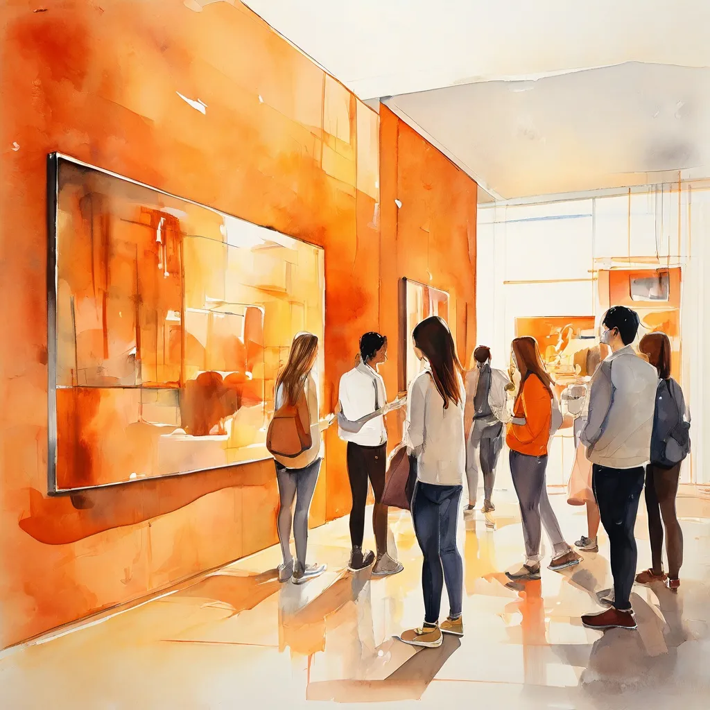 Bezoekers die deelnemen aan een levendige discussie in een moderne kunsttentoonstellingsruimte in het Bijbels Museum, omringd door diverse kunstwerken, wat een rijk activiteitenprogramma illustreert.