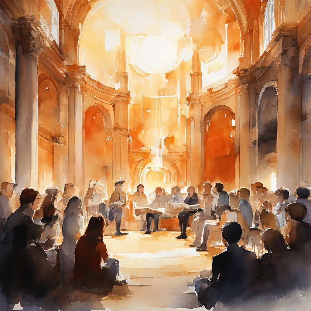 Een illustratieve scène van een divers publiek dat aandachtig luistert naar sprekers tijdens een symposium, zich afspelend in een grandioze, historisch rijke locatie, wat de intellectuele en spirituele thema's weerspiegelt die door het Bijbels Museum worden verkend.