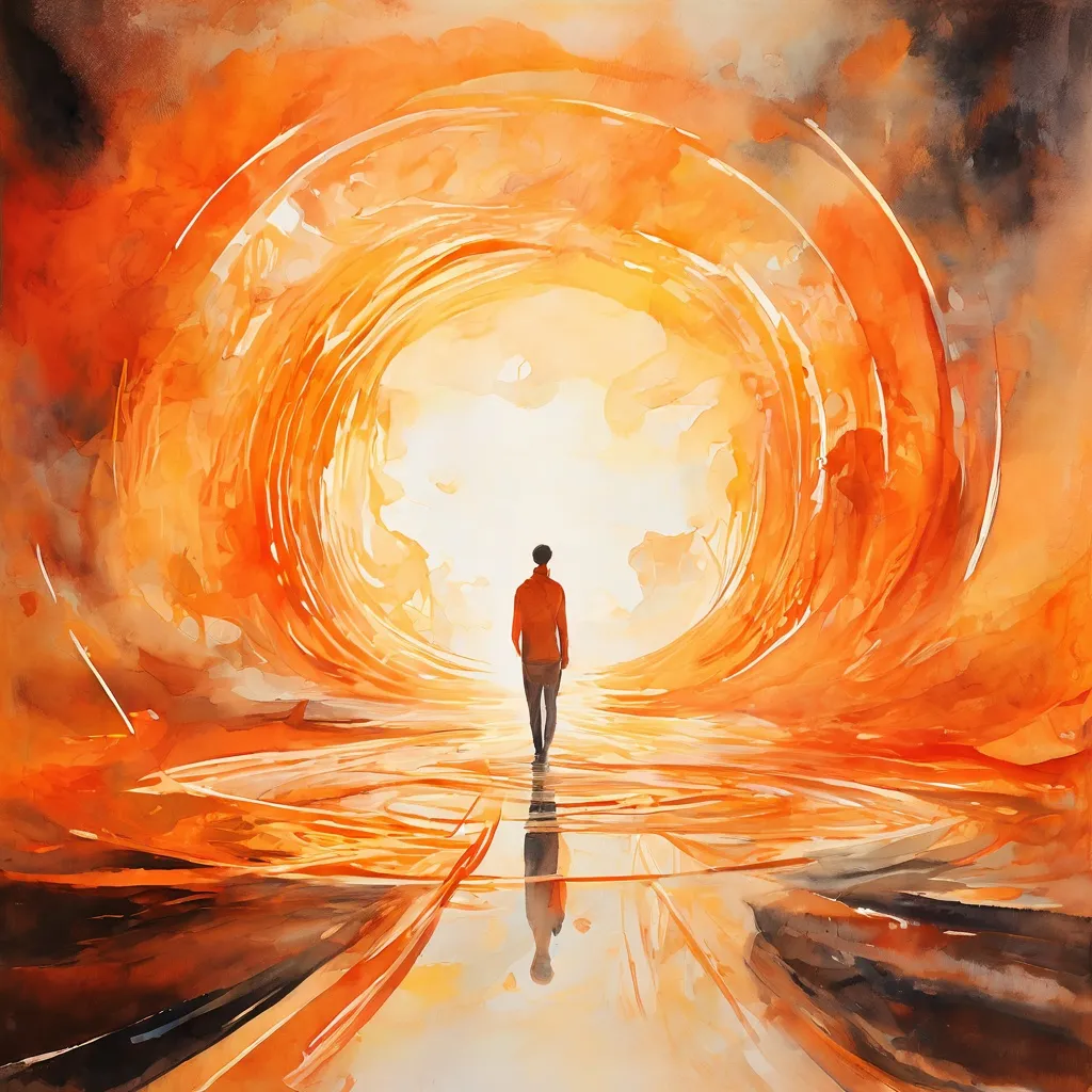 Een abstracte artistieke weergave van het menselijk bewustzijn dat de uitgestrektheid van tijd en het concept van eeuwigheid overweegt, tegen een achtergrond van symbolen van oude wijsheid, die het thema van het symposium van het Bijbels Museum weerspiegelt.