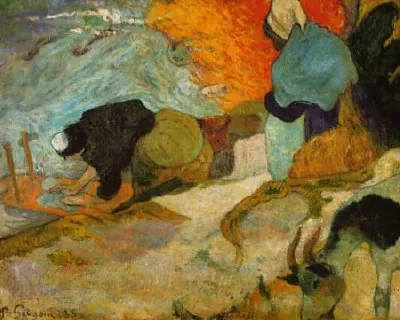Schilderij met wasvrouwen aan een rivieroever in levendige oranje en blauwe kleuren, gesigneerd door Paul Gauguin.
