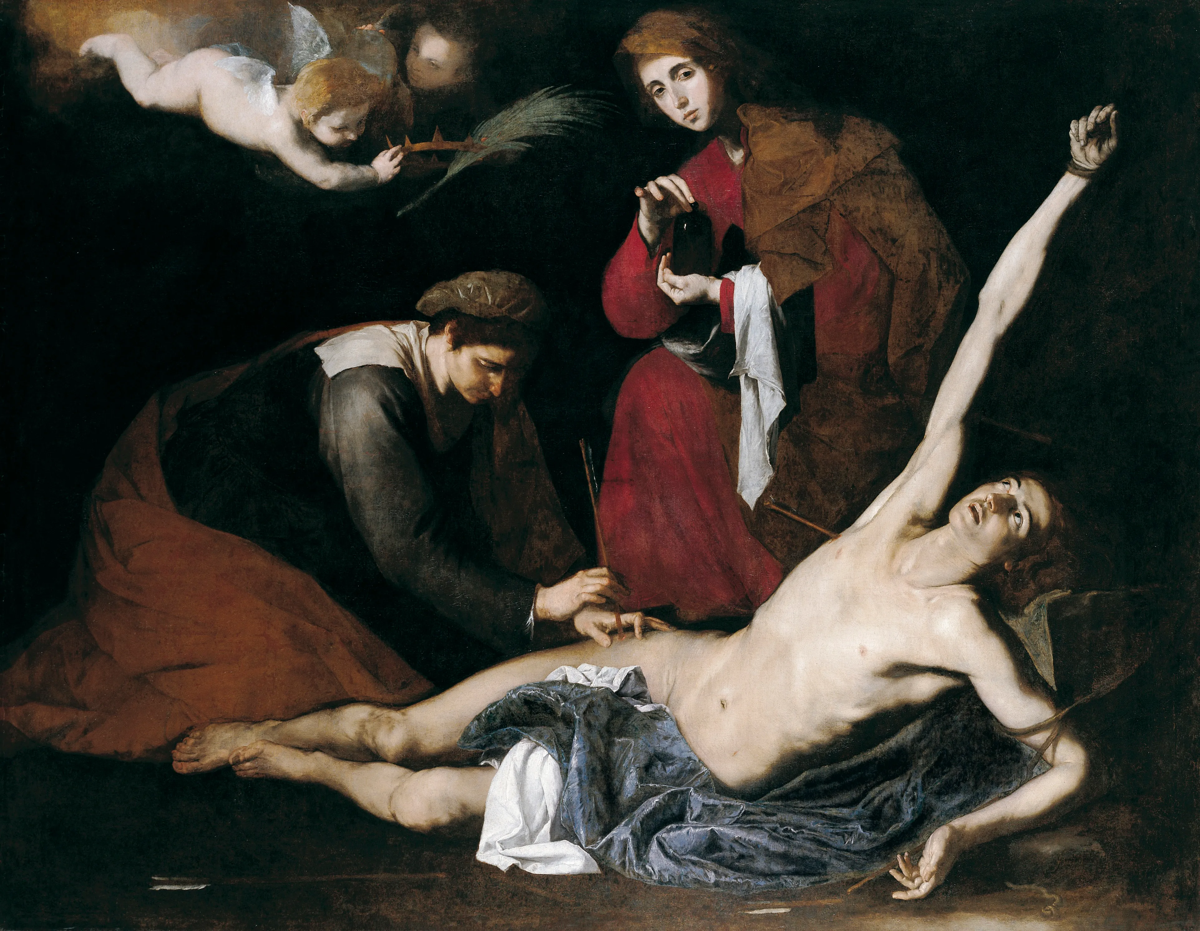 Barokschilderij van het martelaarschap van de heilige Sebastiaan, waarop een vrouw zijn wonden verzorgt en een engel boven hem verschijnt