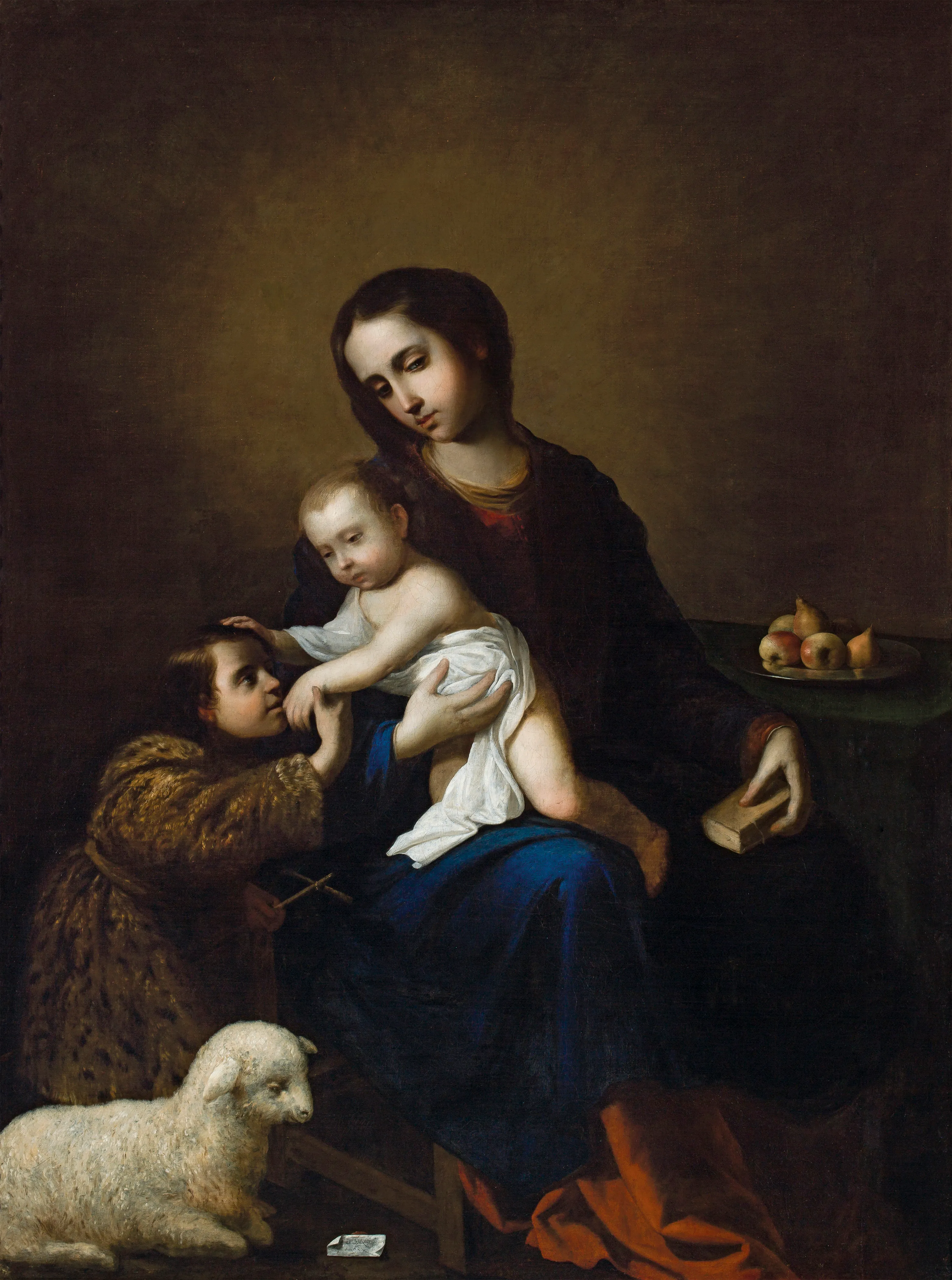 Barokschilderij waarop de Maagd Maria het kindje Jezus vasthoudt, terwijl de jonge Johannes de Doper de hand van het kind kust en er een lam aan hun voeten ligt.