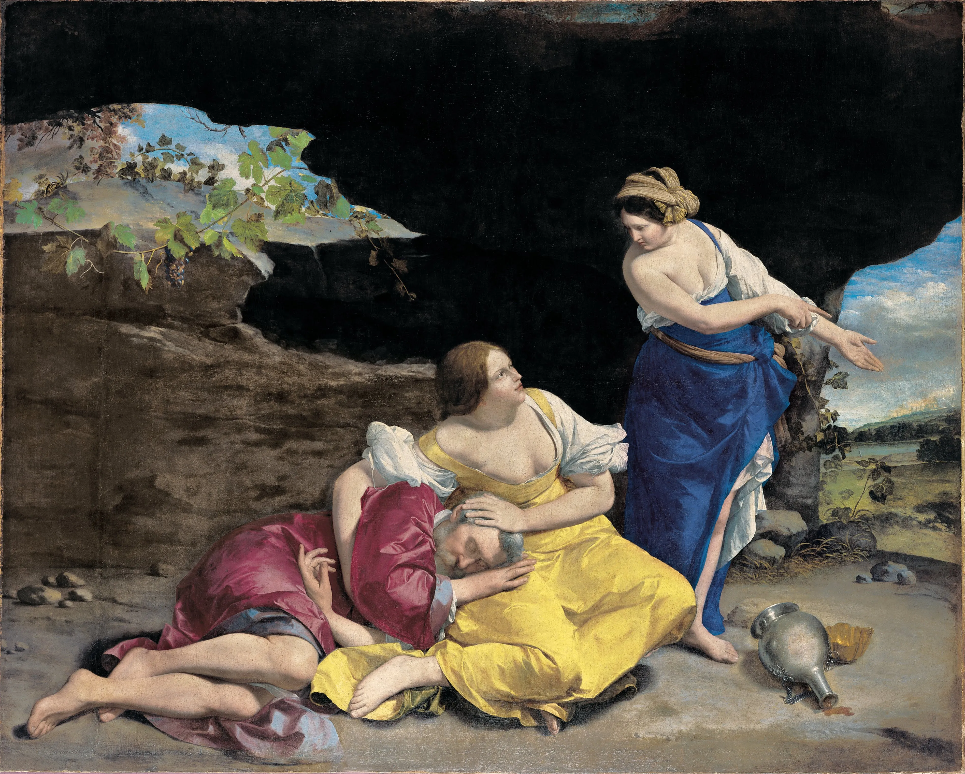 Barokschilderij waarop een man op de grond ligt terwijl twee vrouwen toekijken; een van hen staat en wijst naar een landschap in de verte.