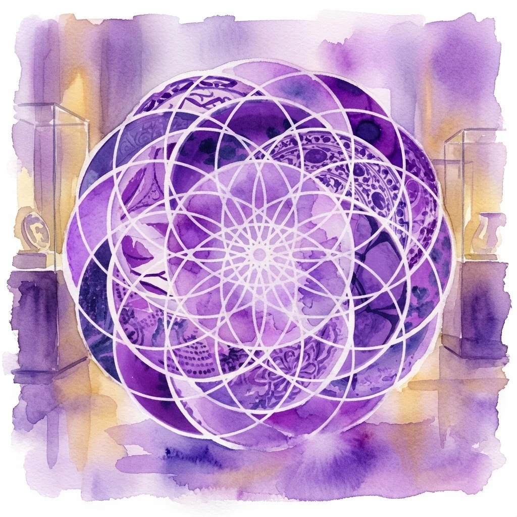 Ilustración en acuarela en tonos violeta y ocre que presenta un mandala geométrico de la flor de la vida en blanco sobre una esfera de cerámica estampada, flanqueada por motivos de columnas.