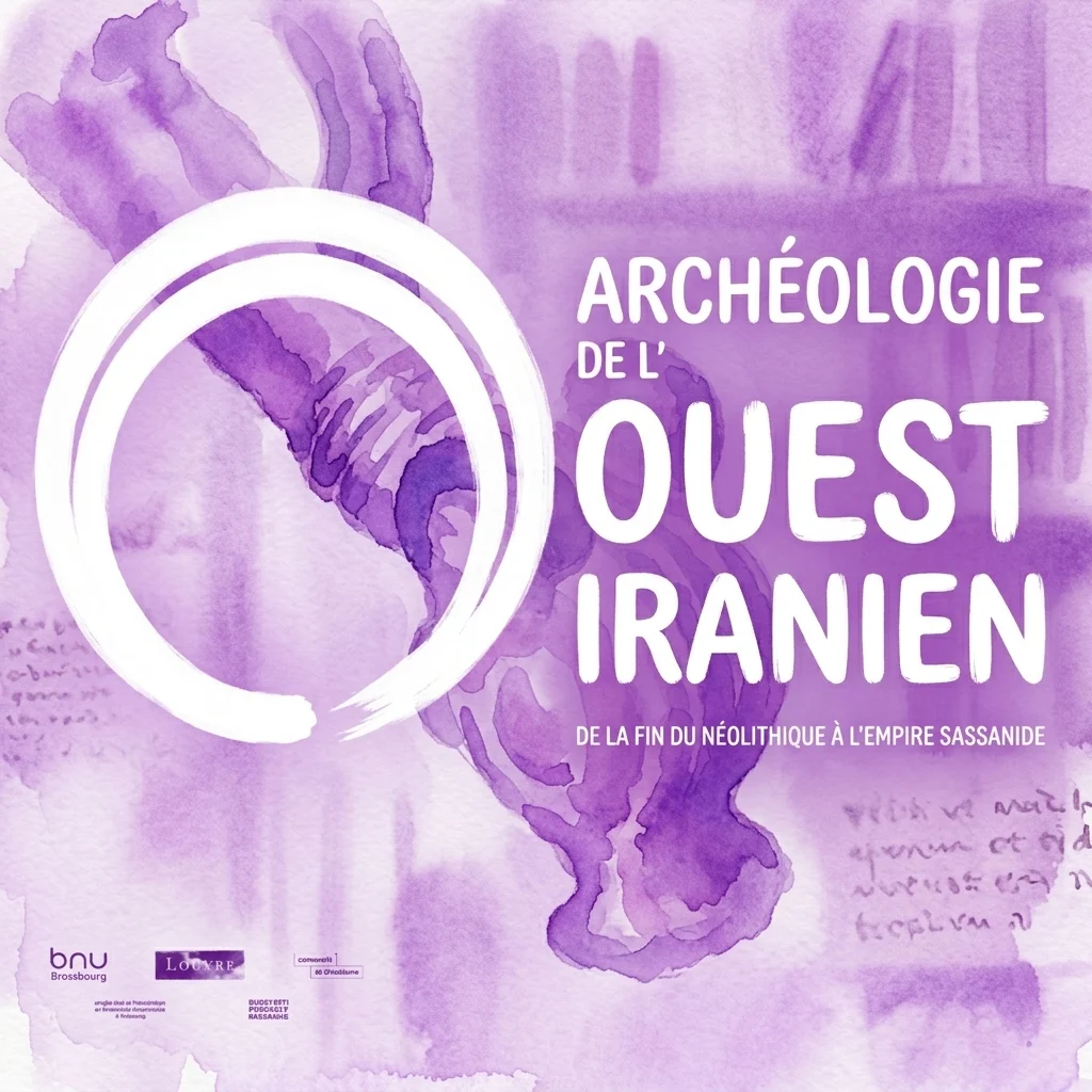 Purple watercolor exhibition poster titled "Archéologie de l'Ouest Iranien" with a white brushstroke circle and partner logos including BNU Strasbourg and the Louvre.