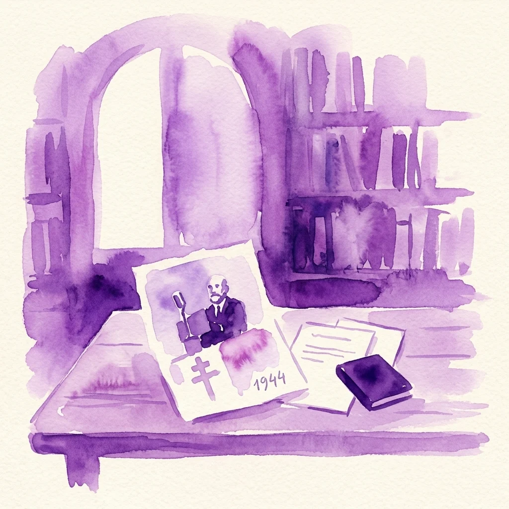 Ilustración en acuarela de tonos morados que muestra una tranquila biblioteca con una ventana arqueada, estanterías y una mesa de madera sobre la que descansan un retrato antiguo, un documento de 1944 y un pequeño libro.