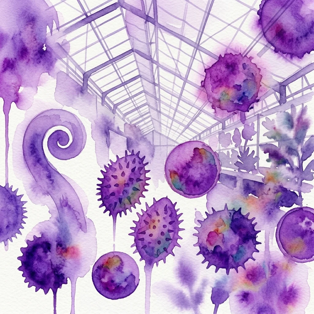 Watercolor artwork of colorful pollen grains with a greenhouse structure in the background, part of the 20 Jahre PalArt exhibition at the Botanical Garden Vienna.