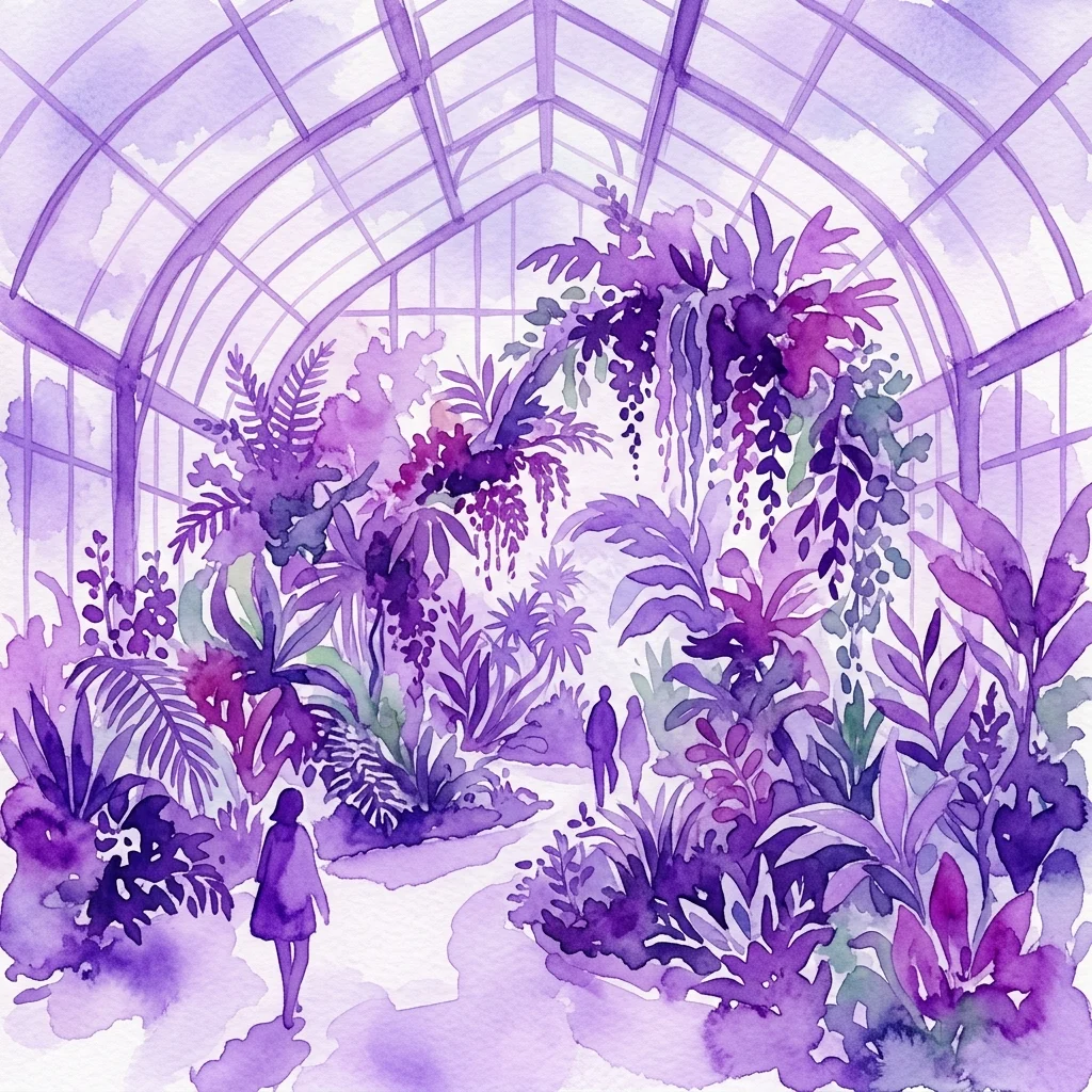 Ilustracja akwarelowa instalacji artystycznej Avantgarden w szklarni Kalthaus Ogrodu Botanicznego Uniwersytetu Wiedeńskiego, przedstawiająca wciągające aranżacje roślinne w fioletowych odcieniach i zwiedzających eksplorujących przestrzeń.