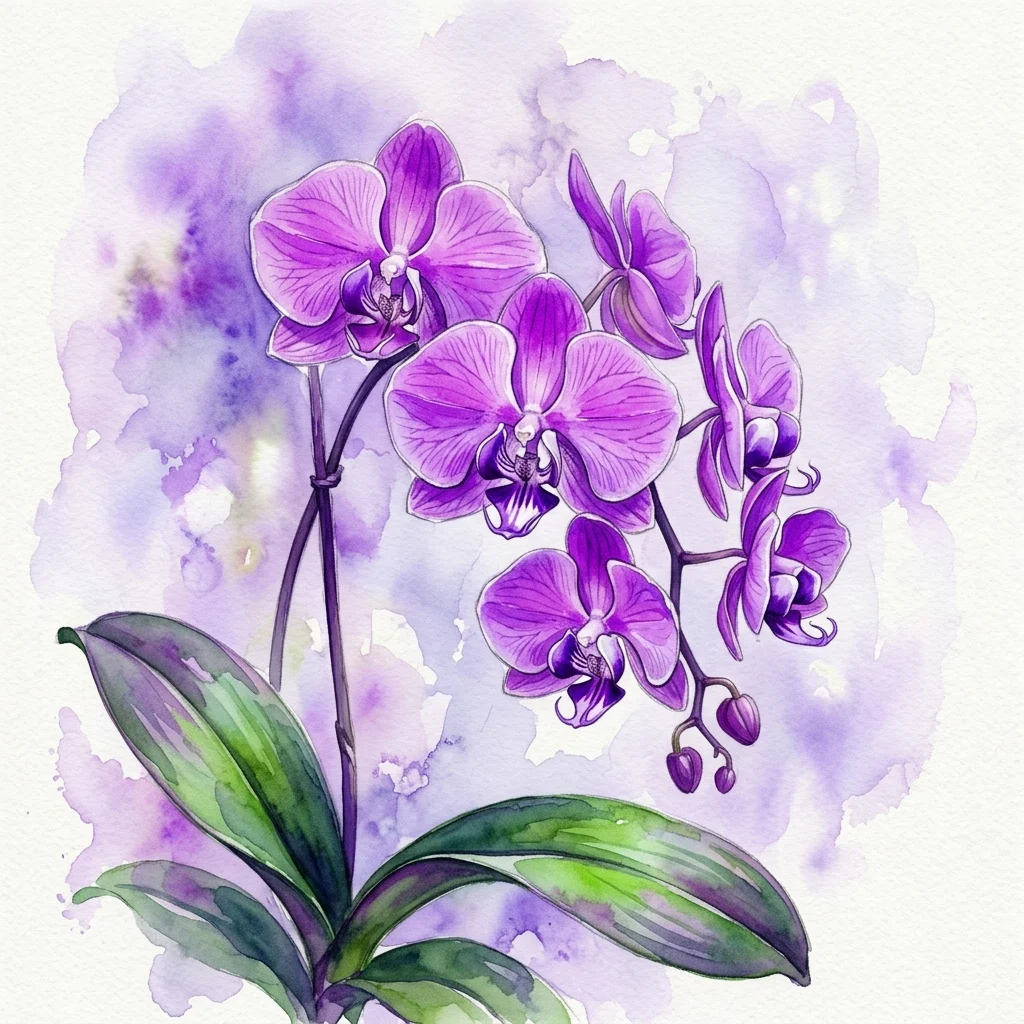 Een gedetailleerde aquarel- en potloodillustratie van een paarse orchidee met groene bladeren, die ingewikkelde botanische details toont tegen een zachte paarse achtergrond.